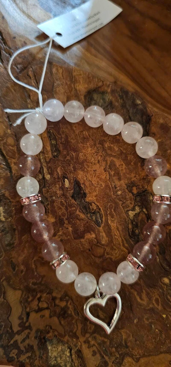 Armband rozenkwarts/aardbeien kwarts met hartje