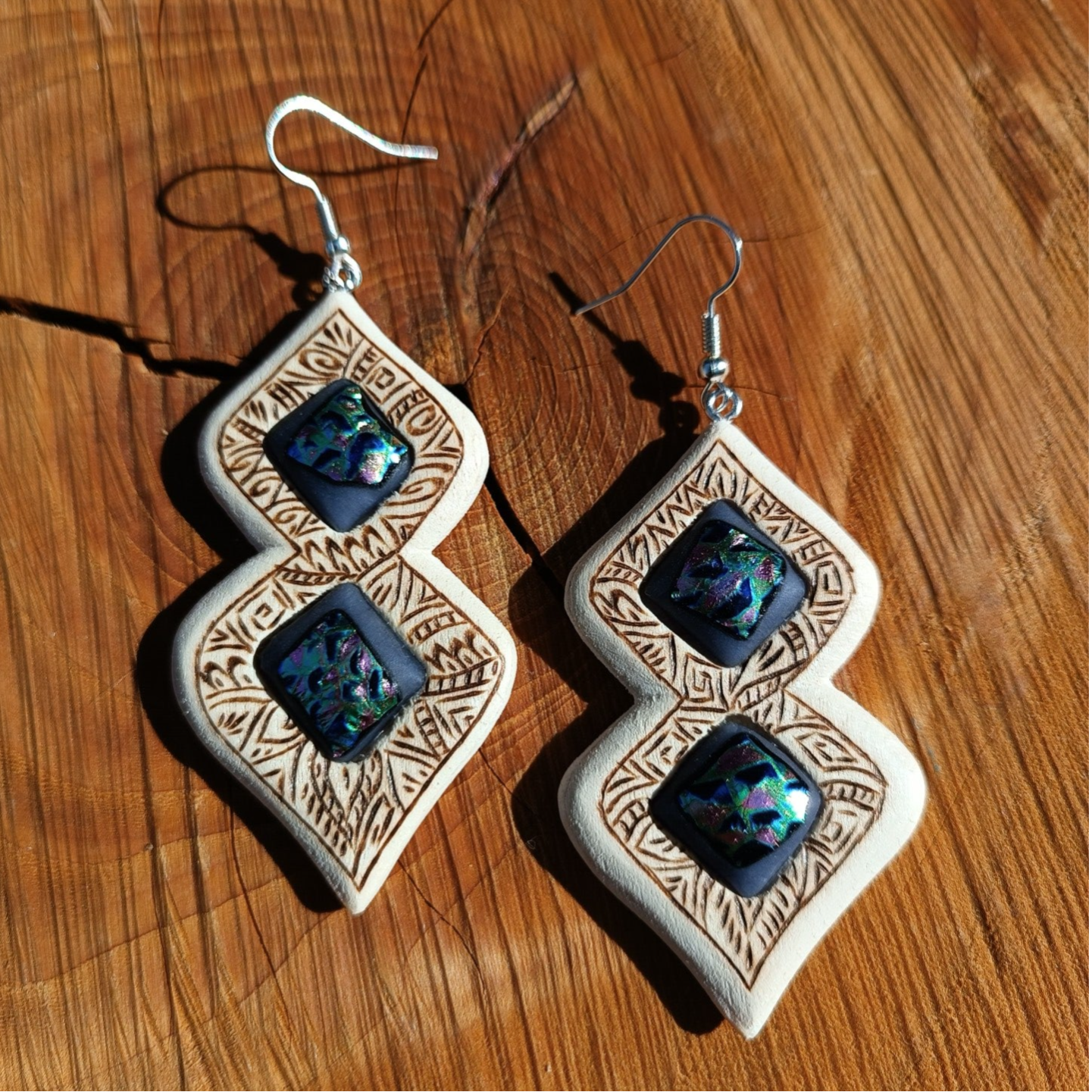 Boucles d'oreilles bois et verre