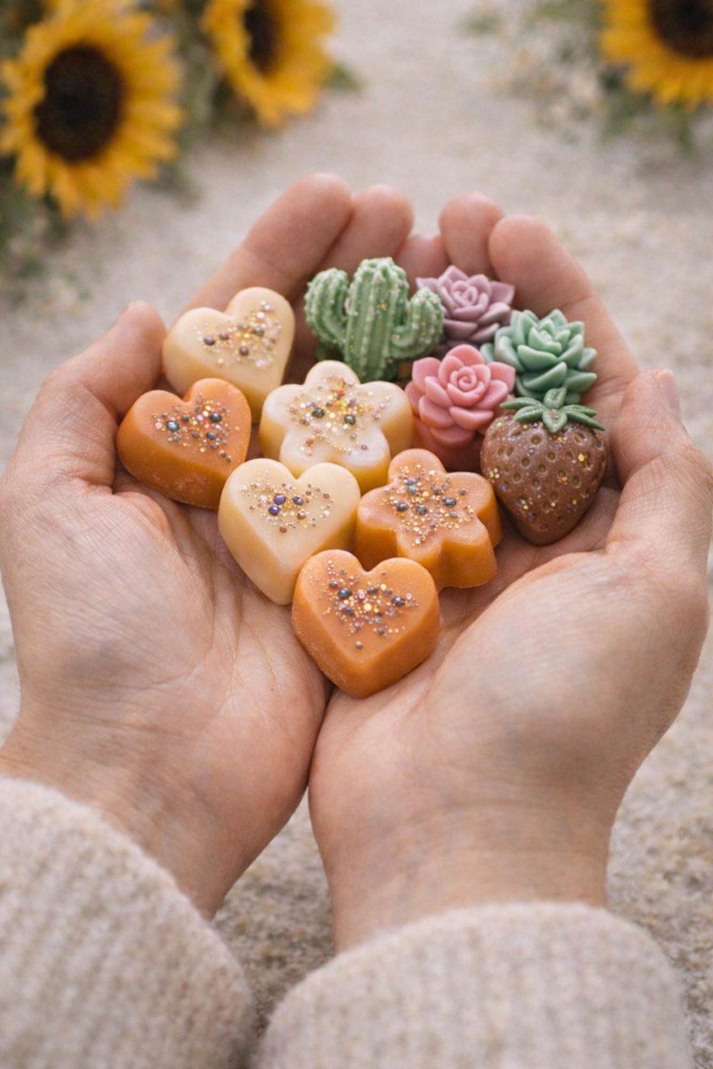 Zelfgemaakte en gedecoreerde wax melts in de vorm van konijntjes, bloemen en dolfijnen