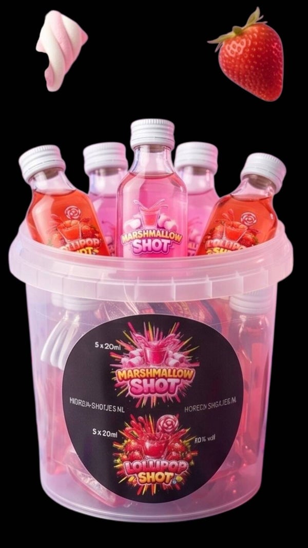 10 emmertjes met 5 Lollipop en 5 Marshmallow PET Shotjes 2 cl FESTIVAL/EVENTS!