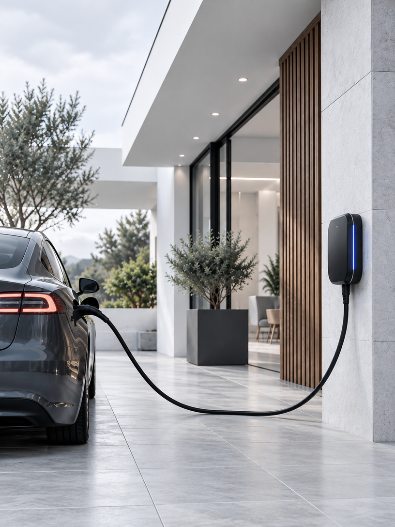Voiture électrique et borne de recharge devant une maison contemporaine