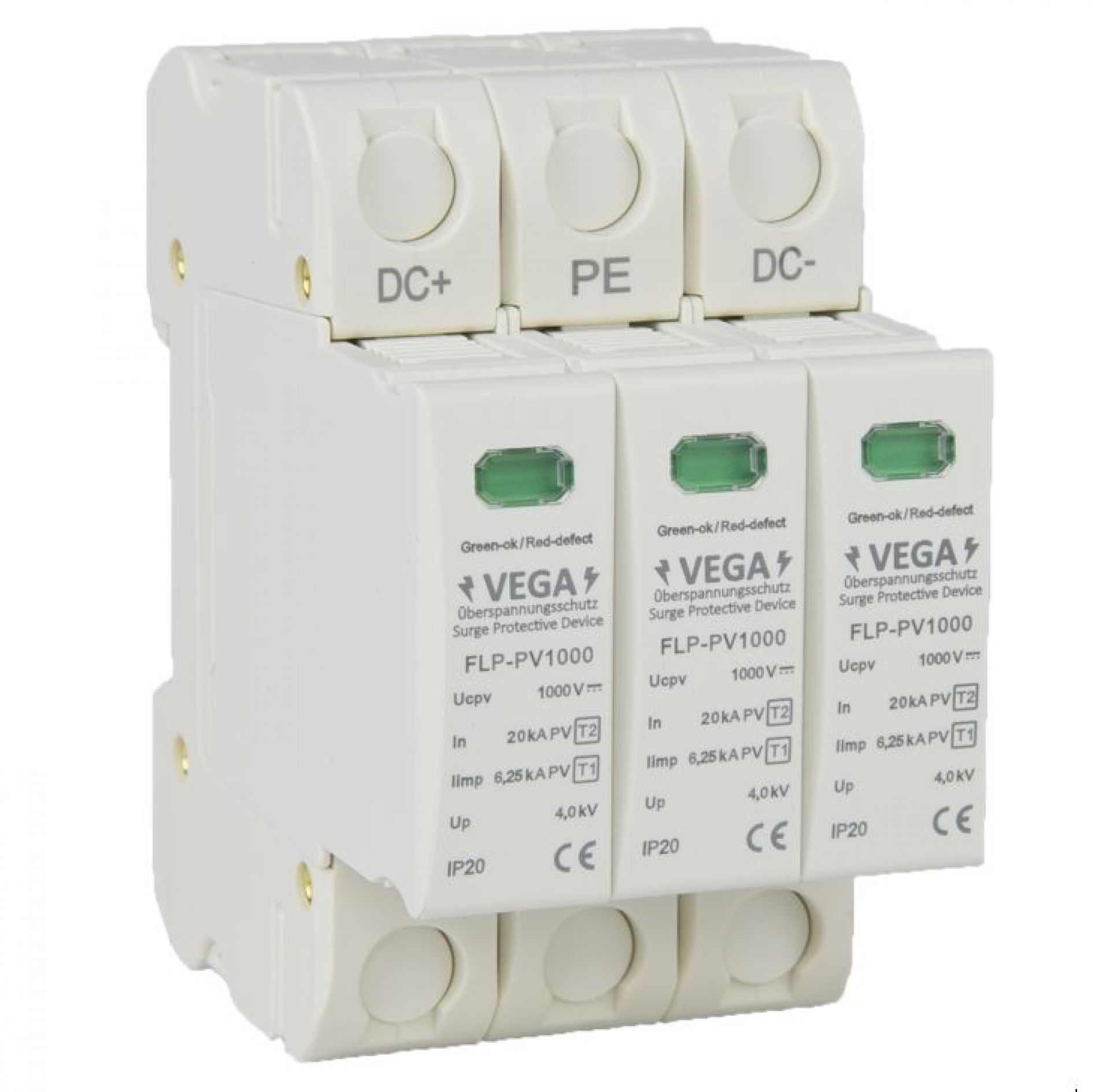 Blitz - Überspannungsschutz DC Photovoltaik PV, 1000V, Kombi, Imax 40kA Iimp 6,25kA, 3 Pole, T2 T1