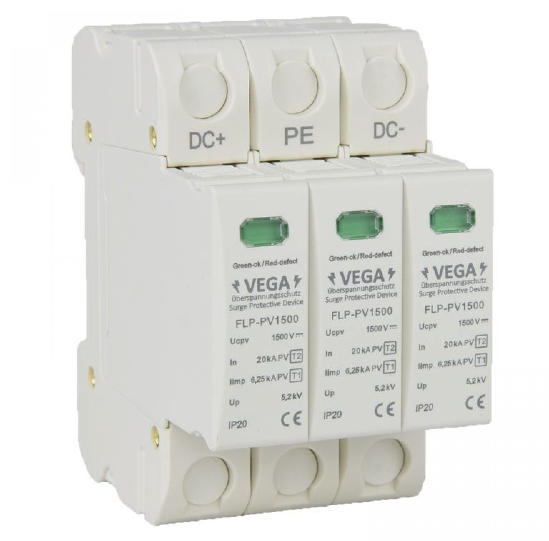 Blitz - Überspannungsschutz DC Photovoltaik PV, 1500V, Kombi, Imax 40kA Iimp 6,25kA, 3 Pole, T2 T1