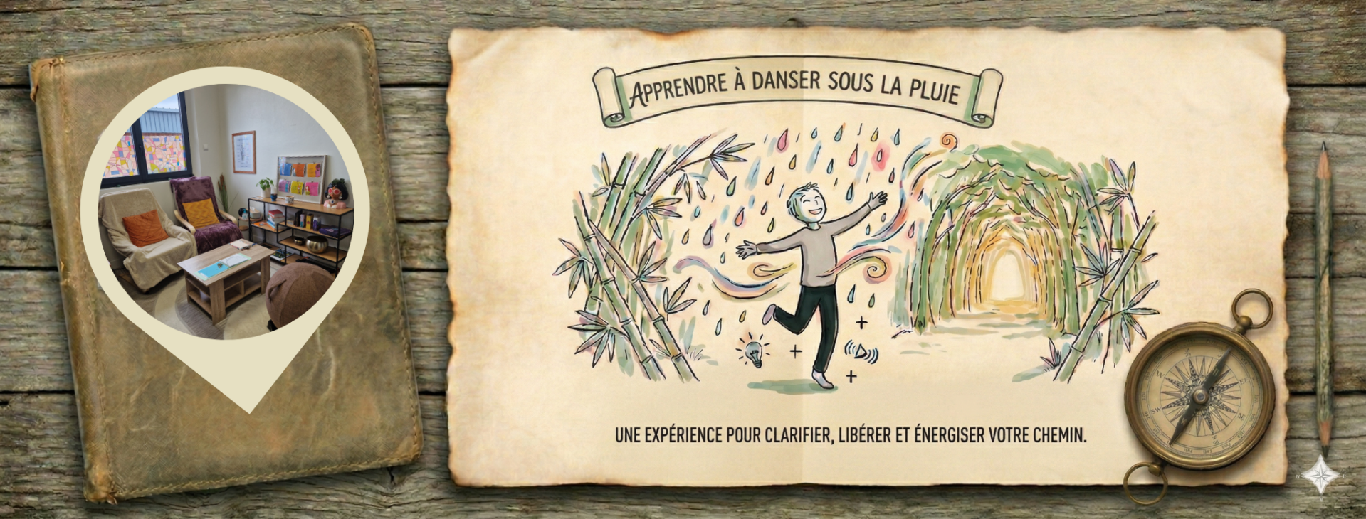 Photo du bureau et parchemin illustré : "Apprendre à danser sous la pluie pour libérer son chemin". 