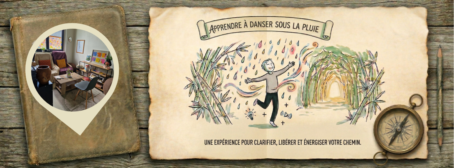 Photo du bureau et parchemin illustré : "Apprendre à danser sous la pluie pour libérer son chemin". 