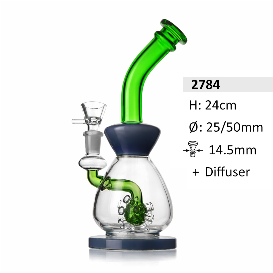 Glasbong mit Diffusor | Farbe Blau/Grün | Hoch : 24cm, Ø: 25/50mm, Schliff: 14,5mm