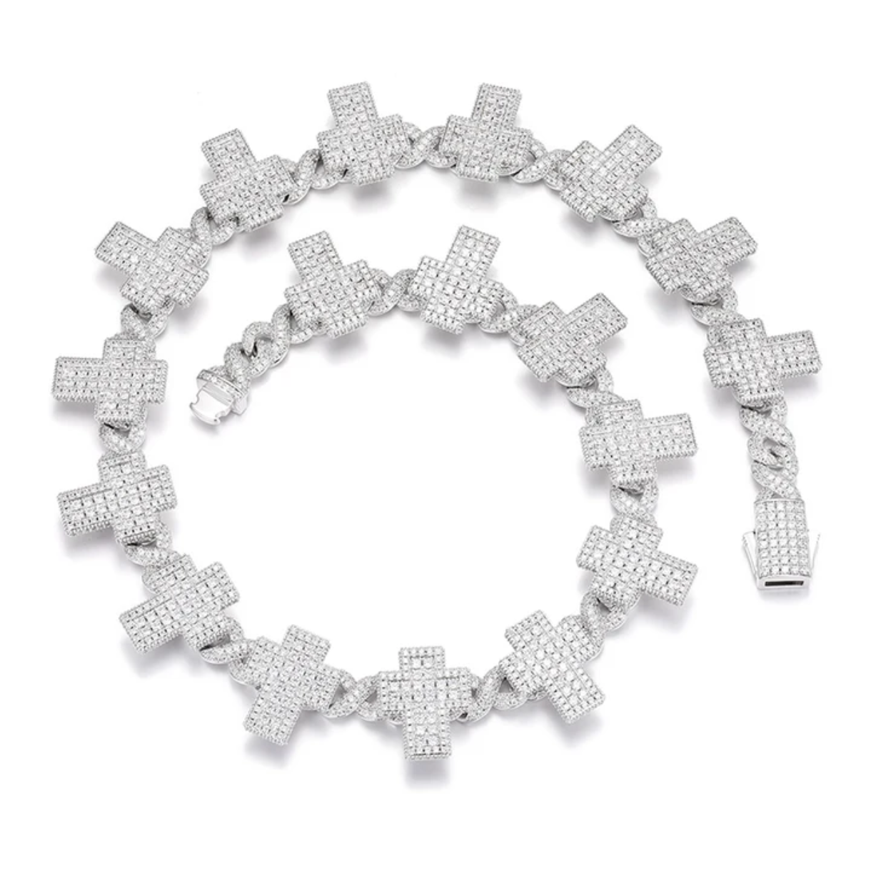 Cadena eslabones cruz 8mm moissanita y plata