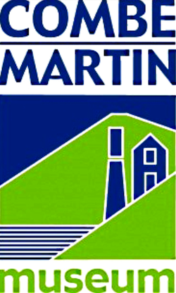 Combe Martin Museum logo featuring dark blue text above a graphic of a green hillside with a tall mine chimney and building set against a dark blue sky and striped sea pattern.