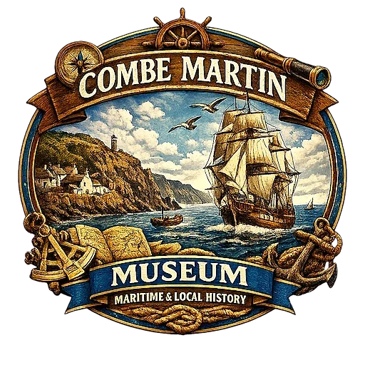 Combe Martin History Timeline logo. A ship at sea, cliffs and rocks in the background.