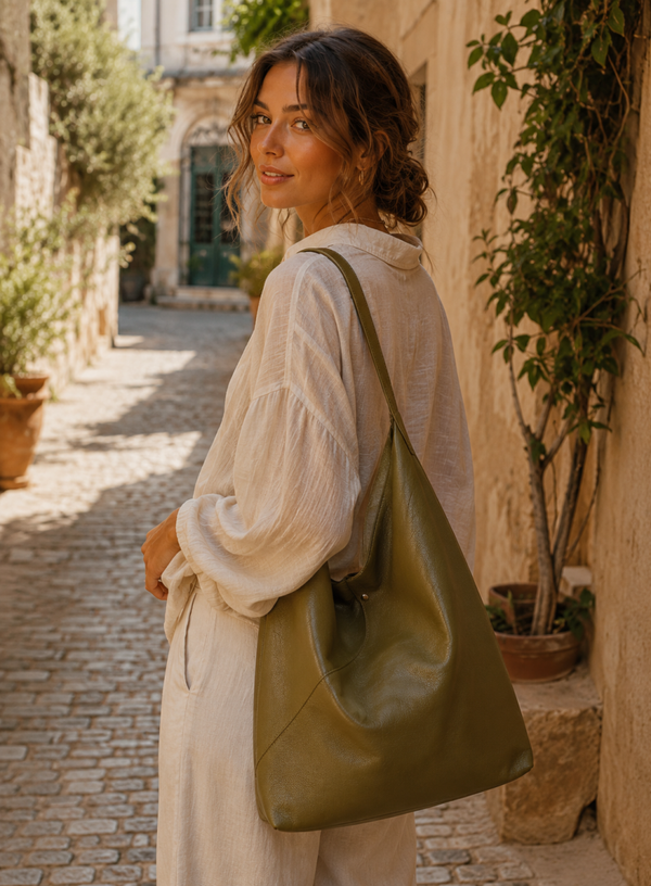 Minimalist Olive Green Leather Hobo Bag Slouchy Shoulder Bag for Women
