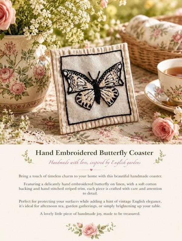 Hand Embroidery Butterfly Linen Coaster