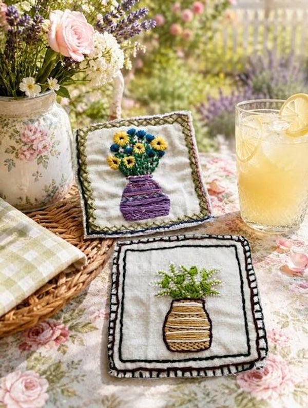Two Handmade linen Embroidery Coasters, ONE OF A KIND
