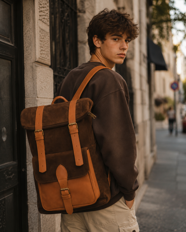 Dark Brown Suede and Leather Roll-Top Backpack  Minimalist Travel Backpack