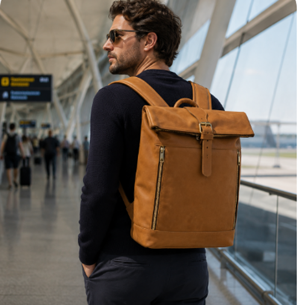 Large Tan Leather Roll-Top Backpack | Minimalist Travel Backpack
