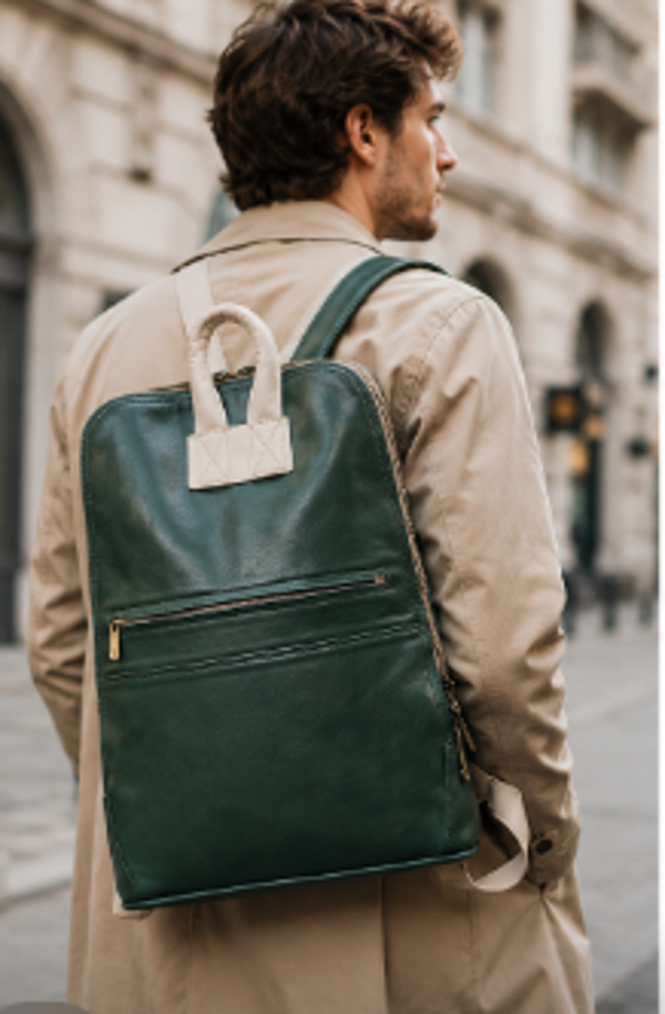 Minimalist Forest Green Leather Backpack | Slim 14" Laptop Rucksack