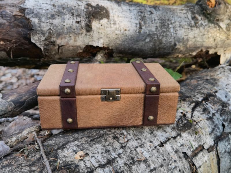 Handgefertigte Truhe aus Holz in Leder gebunden Unikat