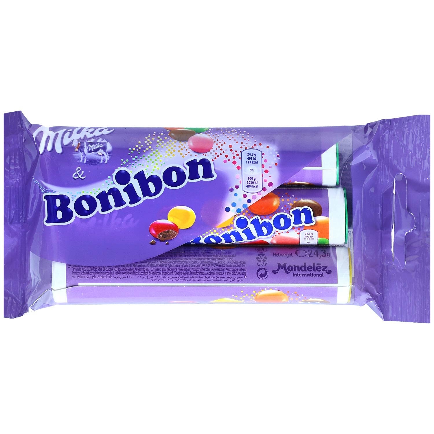 Milka & Bonibon | Gecoate chocolade | 3 rollen á 24,3g | 72.9 gram