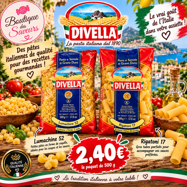 🇮🇹 Pâtes italiennes Divella 500 g – Lumachine 52 ou Rigatoni 17