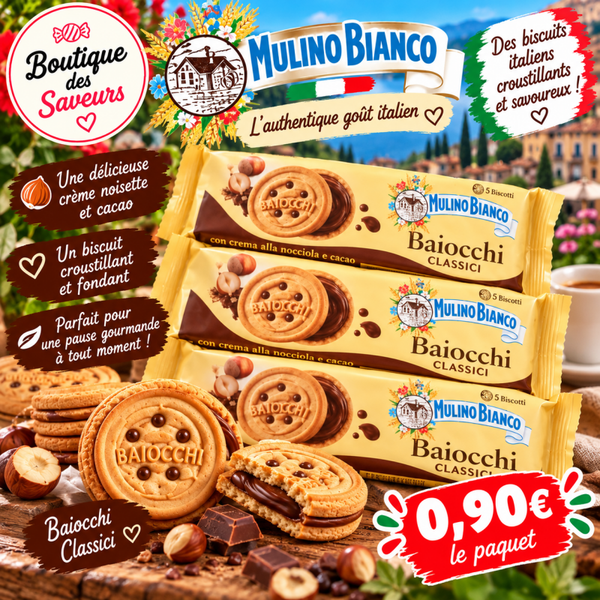 🇮🇹 Biscuits italiens Mulino Bianco Baiocchi – Crème noisette et cacao