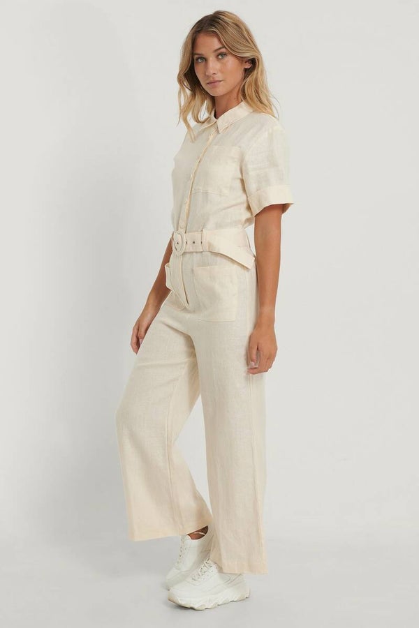 NA-KD Short Sleeve Linen Jumpsuit