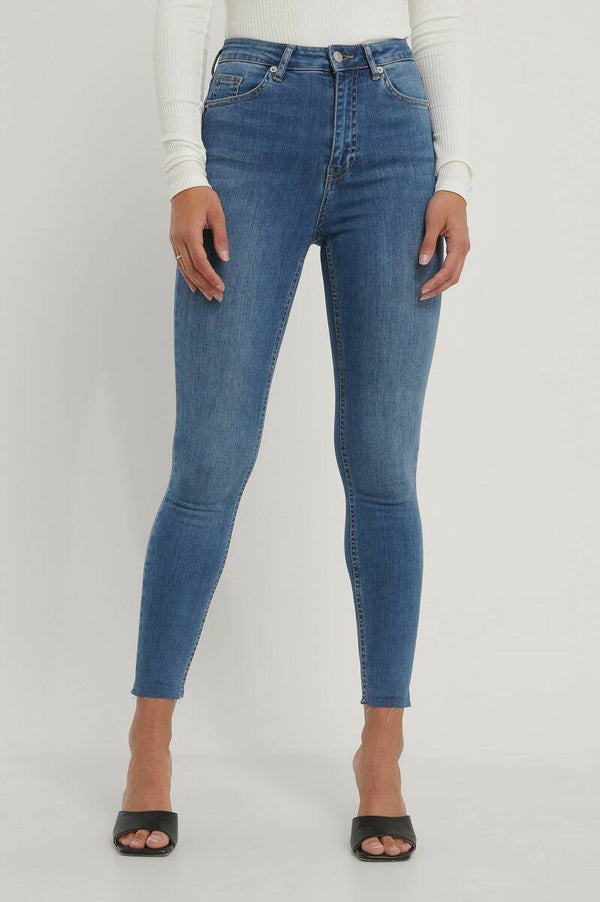NA-KD Skinny High Waist Raw Hem Jeans Mid Blue