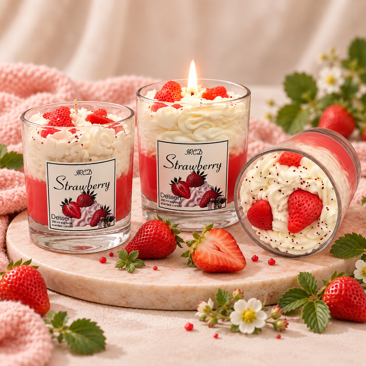 Aardbeien geurkaars met slagroom in glas