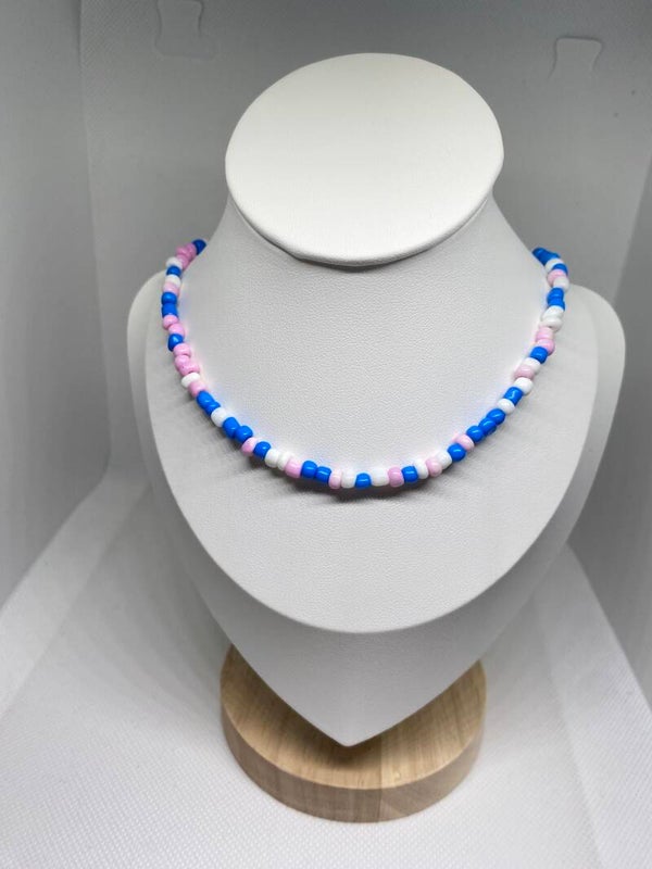Ketting zilver sluitinkje - blauw, roze & wit