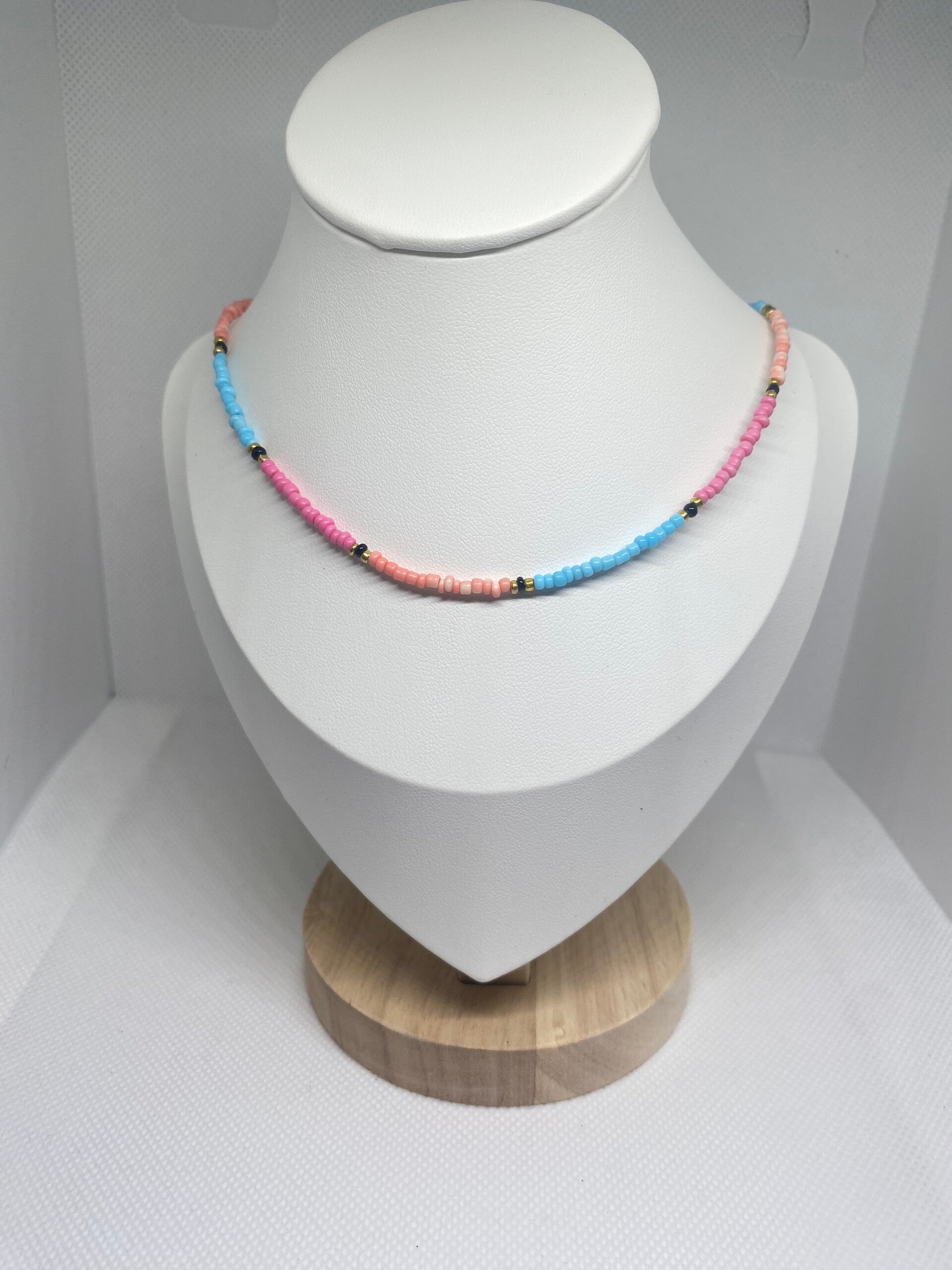 Ketting goud sluitinkje - blauw & roze
