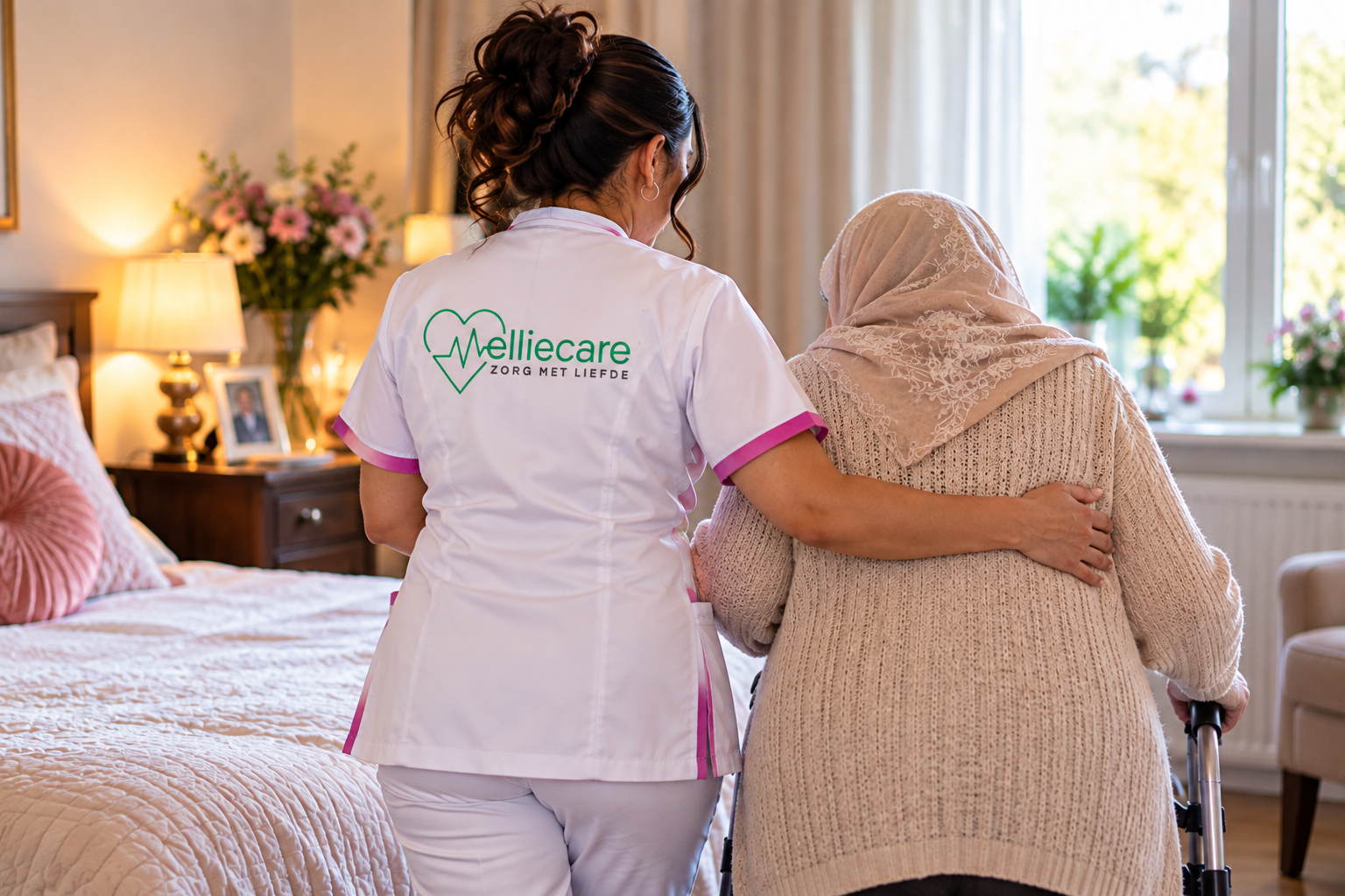 Zorgverlener Melliecare ondersteunt cliënte bij het lopen, zorg met liefde in Den Haag