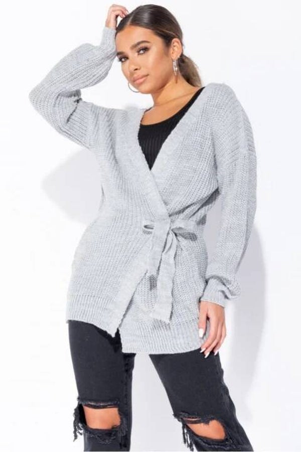 Light grey knitted Tie front length Cardigan.