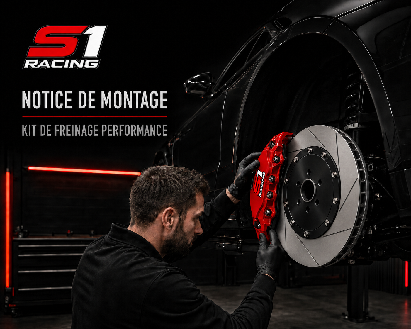Technicien installant un kit de freinage performance S1 RACING avec étrier rouge et disque rainuré