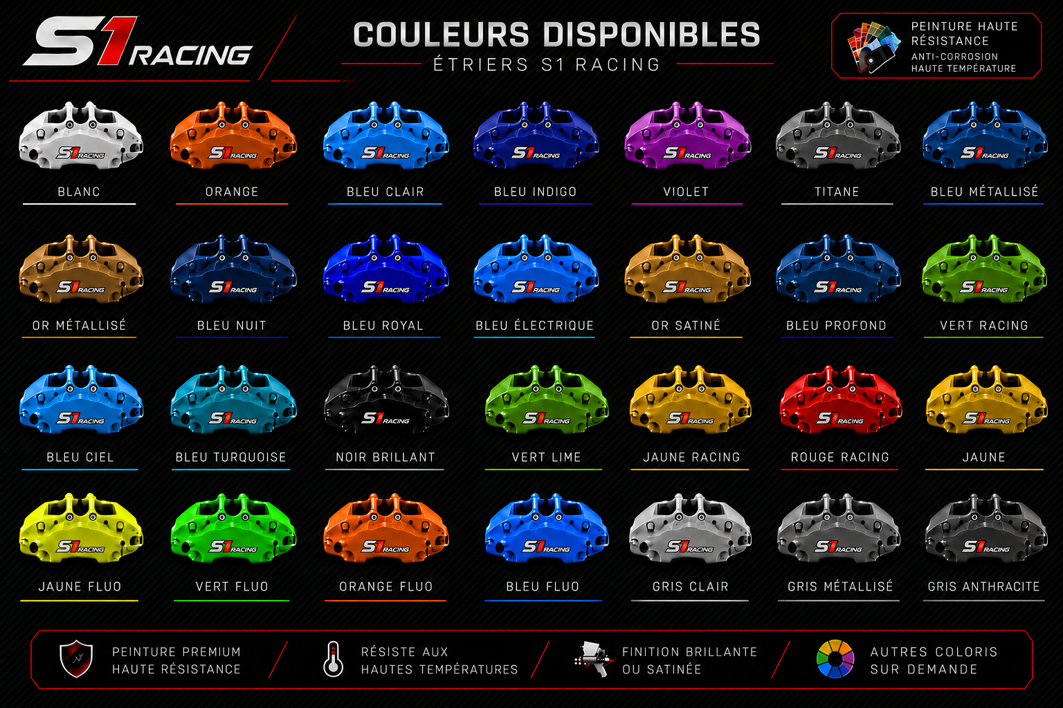 Coloris disponibles pour les étriers de frein S1 RACING