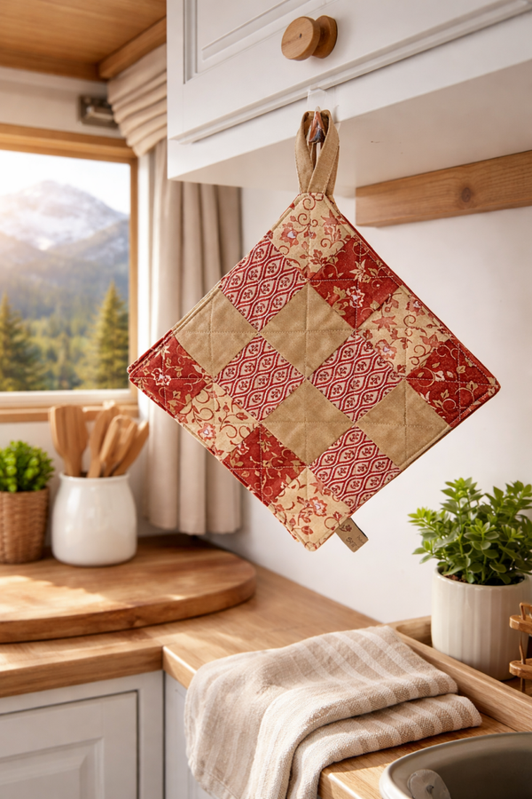 Agarrador de Cocina Patchwork de Algodón Hecho a Mano con Aislante Térmico Thermolam 19,5 x 19,5 cm Regalo Artesanal