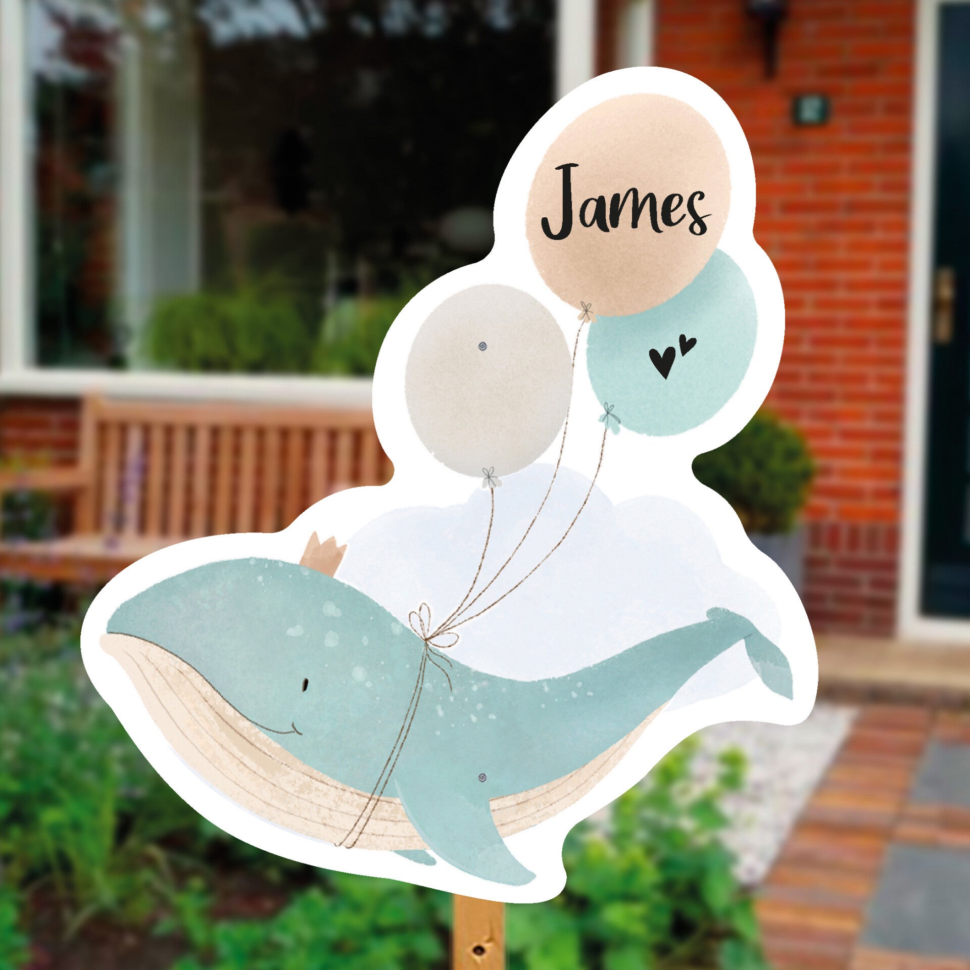 Geboortebord tuin | Walvis met ballonnen | Neutraal