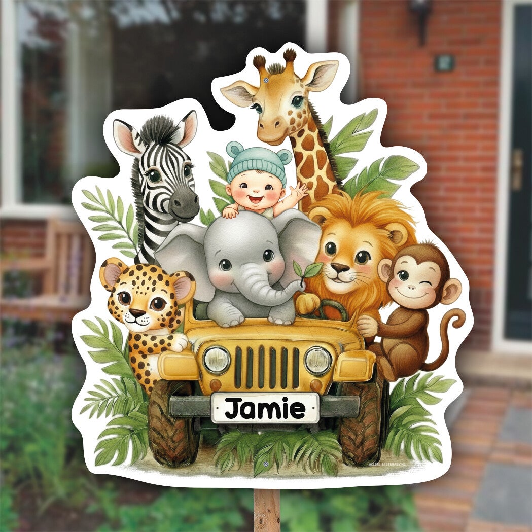 Geboortebord | Jungledieren in jeep | Neutraal
