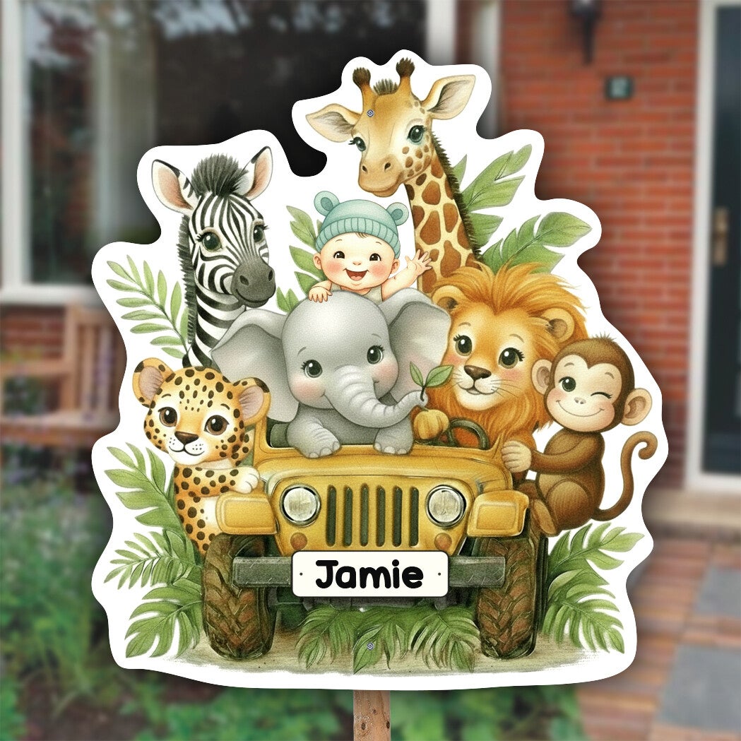 Geboortebord | Jungledieren in jeep | Neutraal