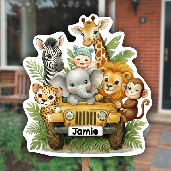 Geboortebord | Jungledieren in jeep | Neutraal