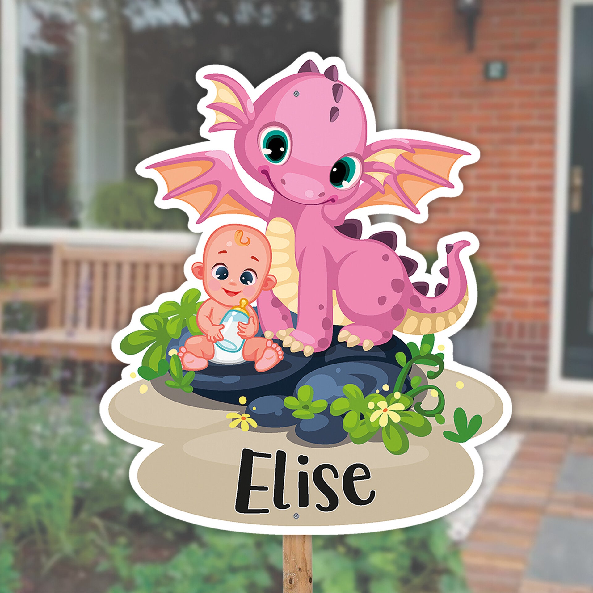 Geboortebord tuin | Draakje met baby meisje