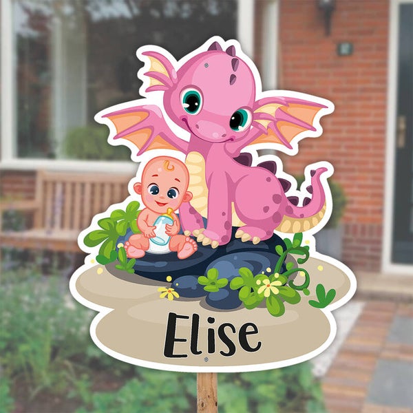 Geboortebord tuin | Draakje met baby meisje