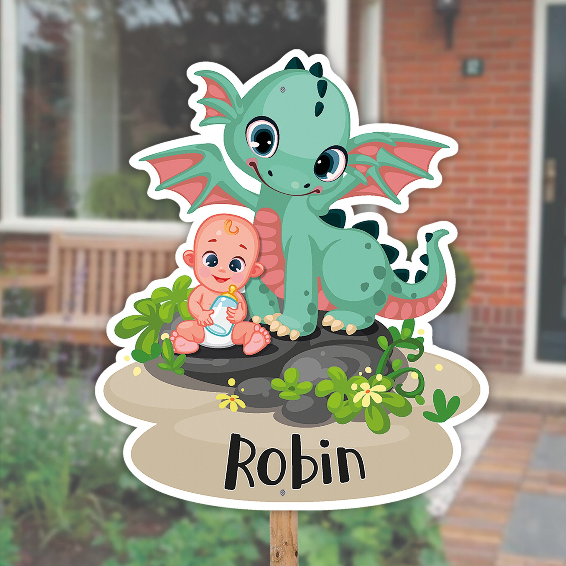 Geboortebord tuin | Draakje met baby neutraal