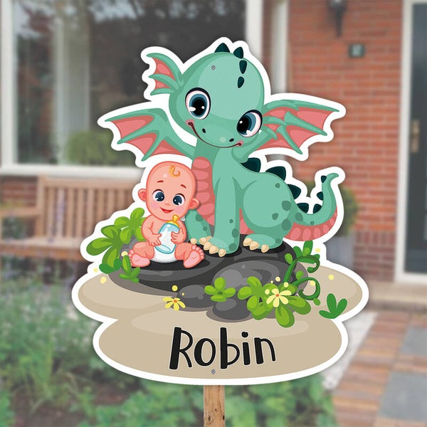 Geboortebord tuin | Draakje met baby neutraal