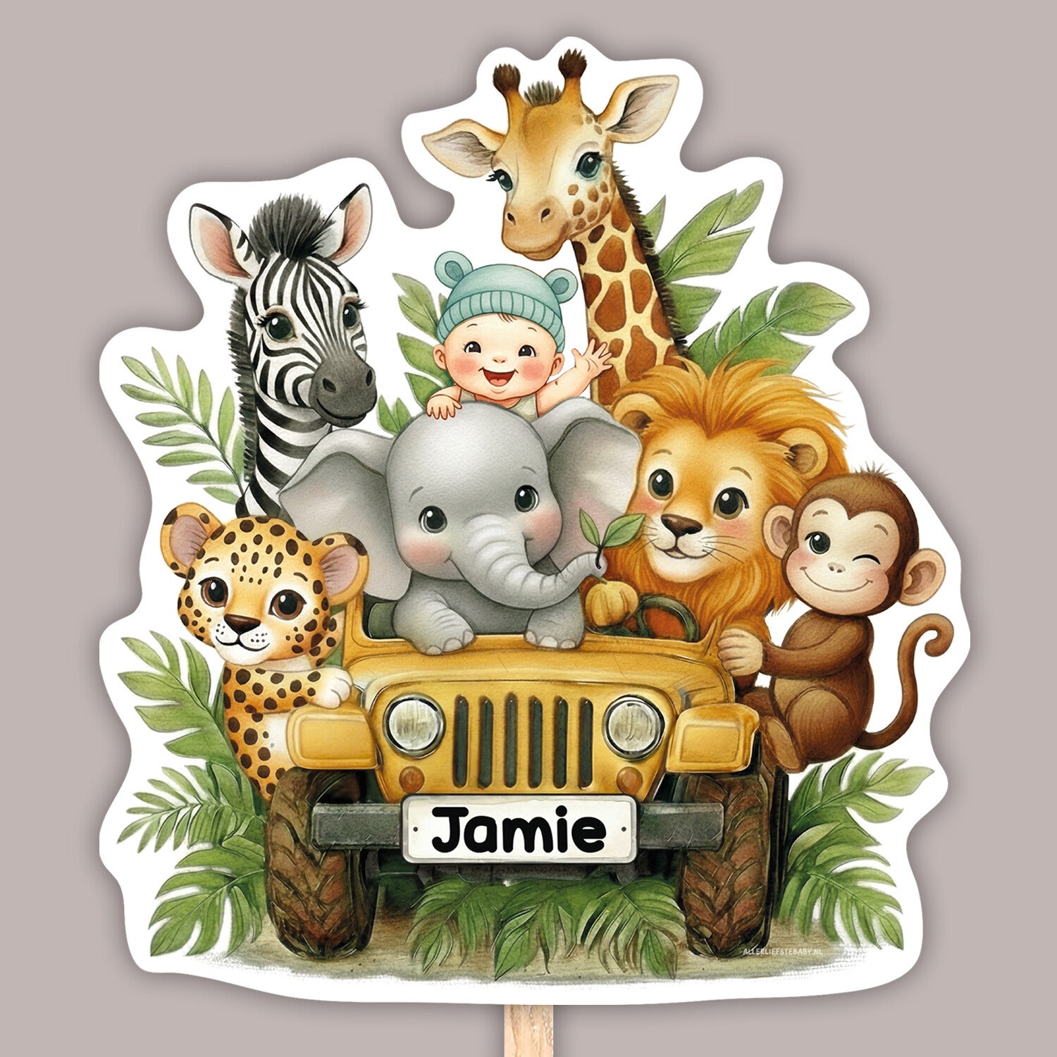 Geboortebord | Jungledieren in jeep | Neutraal