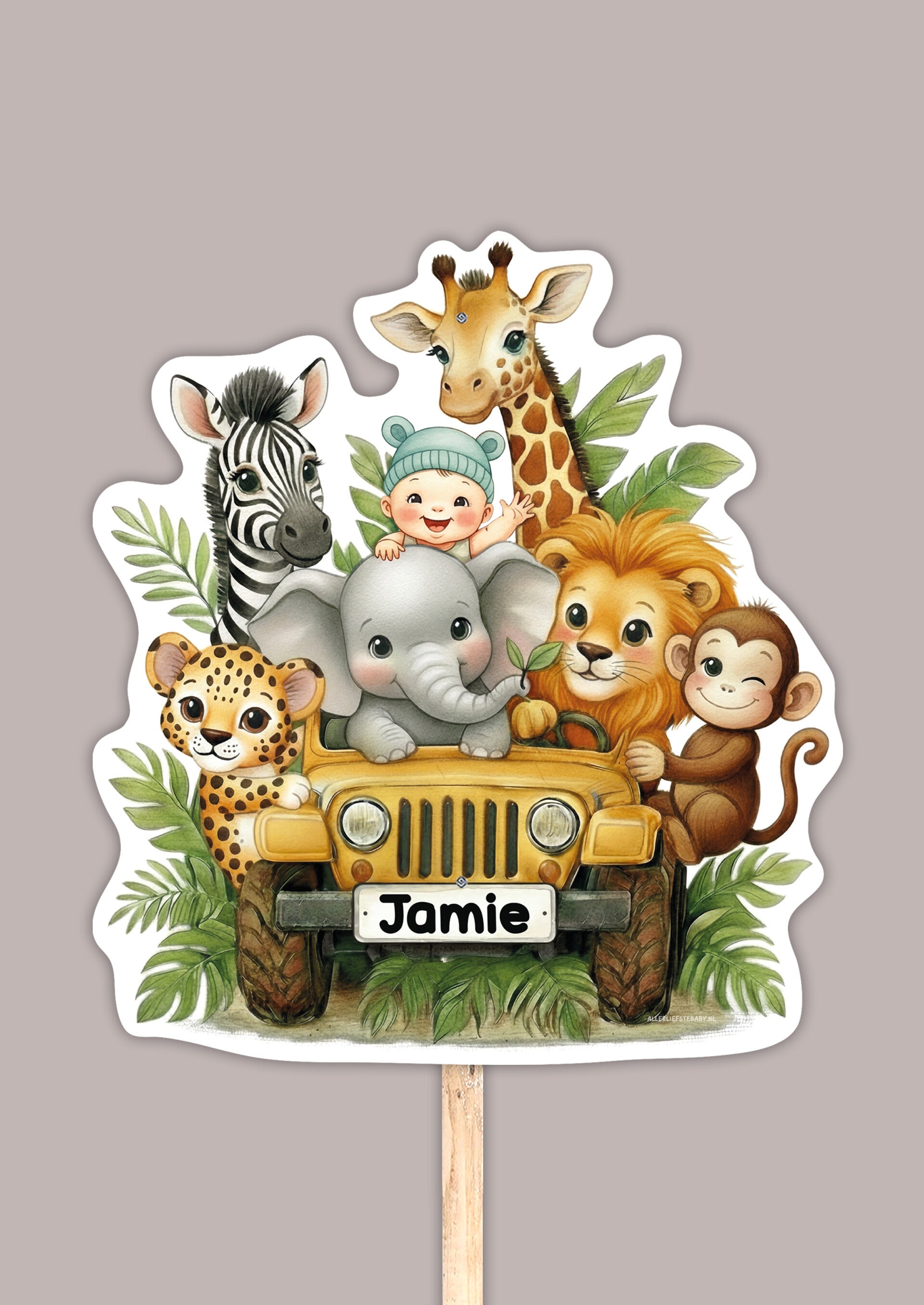 Geboortebord | Jungledieren in jeep | Neutraal