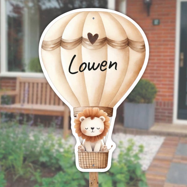 Geboortebord tuin | Leeuw in luchtballon | Neutraal