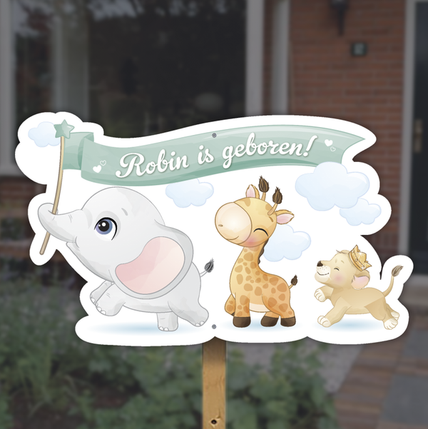 Geboortebord tuin | Olifant, giraffe en leeuw met vlag | Neutraal