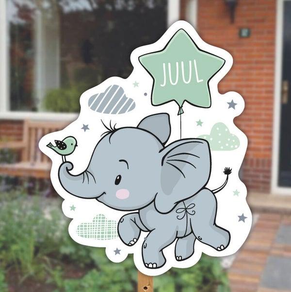 Geboortebord tuin | Olifant met ballon | Neutraal