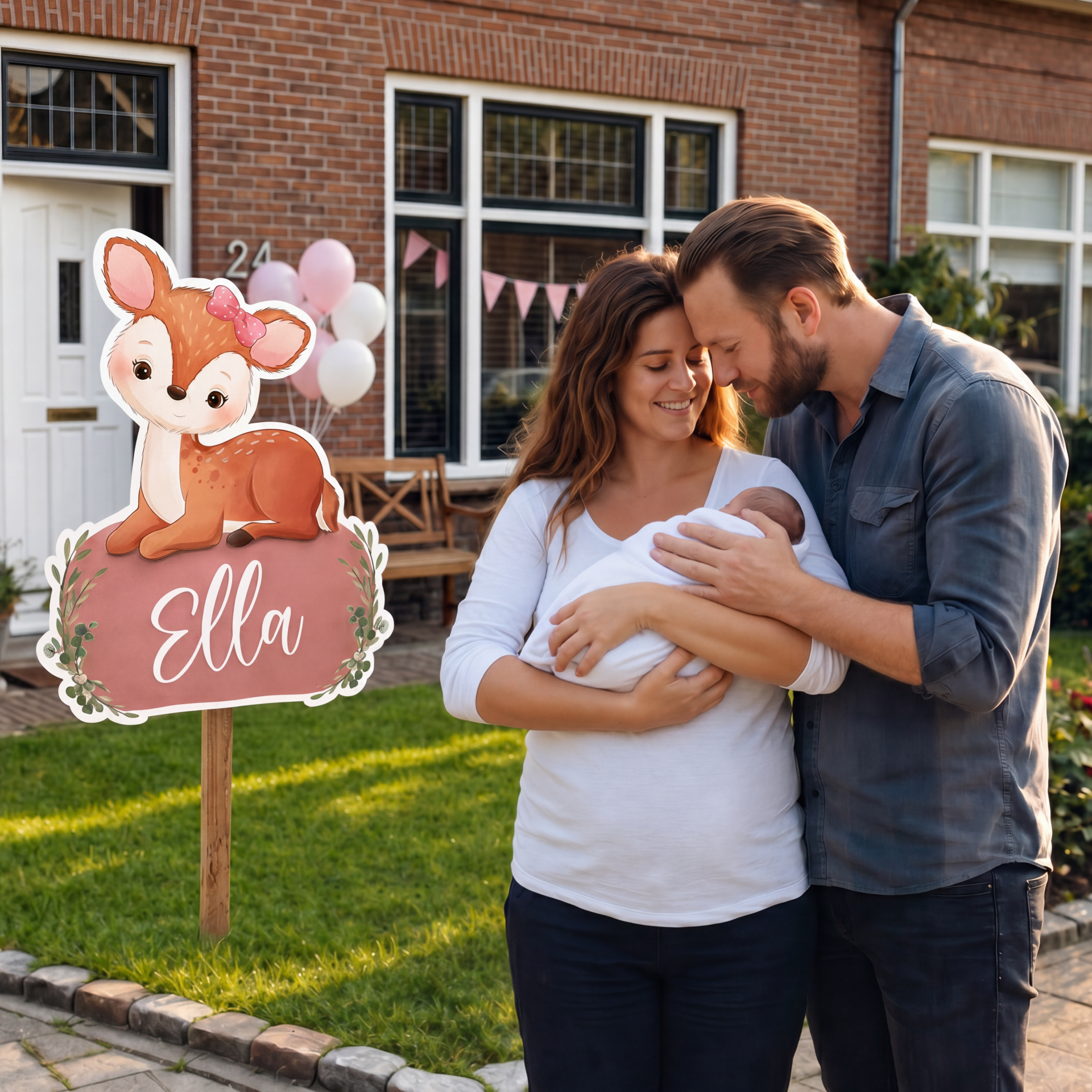Geboortebord in de tuin met een gezin met hun baby