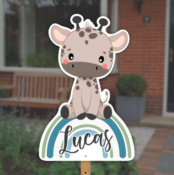 Geboortebord tuin | Giraf op regenboog | Jongen