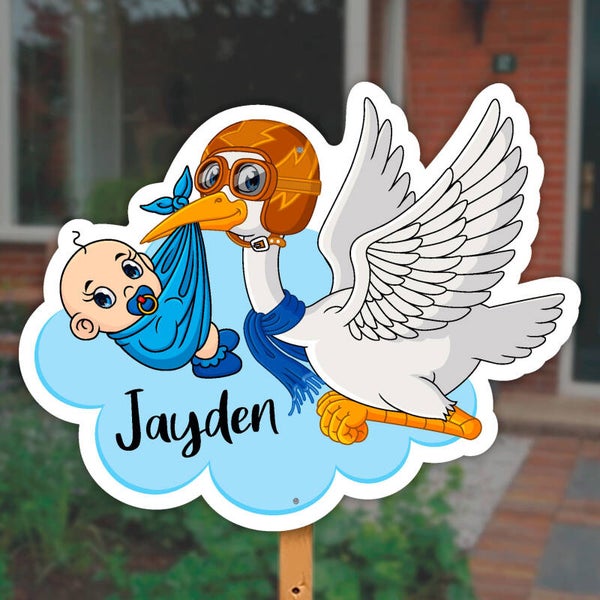 Geboortebord tuin | Grappige ooievaar met baby | Jongen