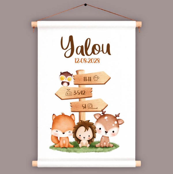 Geboorteposter van textiel | Bosdieren wegwijzer